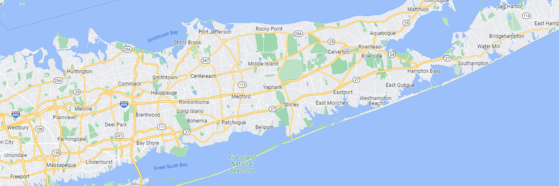 Map of Long Island, New York, highlighting highways, cities, and surrounding bodies of water like the Atlantic Ocean and Long Island Sound. If you're visiting an orthopedic specialist for a knee injury or hip injury in the area, this map will help you navigate with ease.