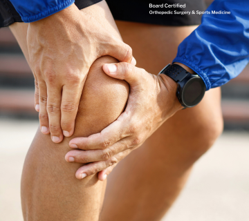 A person in a blue jacket is outdoors, holding their knee, likely in pain. In the upper right corner, there's text about orthopedic surgery and sports medicine by an experienced orthopedic doctor in Commack, NY.