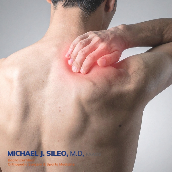 shoulder arthroscopy surgeon in hauppauge dr michael sileo (1). A person is touching their upper back and shoulder, which shows a red area indicating pain or inflammation—a concern often addressed by a Shoulder Arthroscopy Surgeon in Hauppauge