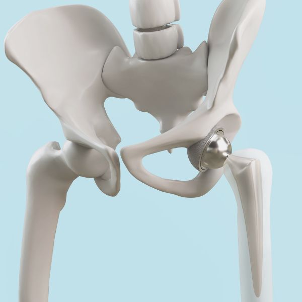 3D rendering of a human pelvis and femur with a hip joint replacement implant visible on the right side against a light blue background, highlighting the structure of the hip. 3D rendering of a human pelvis and femur with a hip joint replacement implant visible on the right side against a light blue background, highlighting the structure of the hip