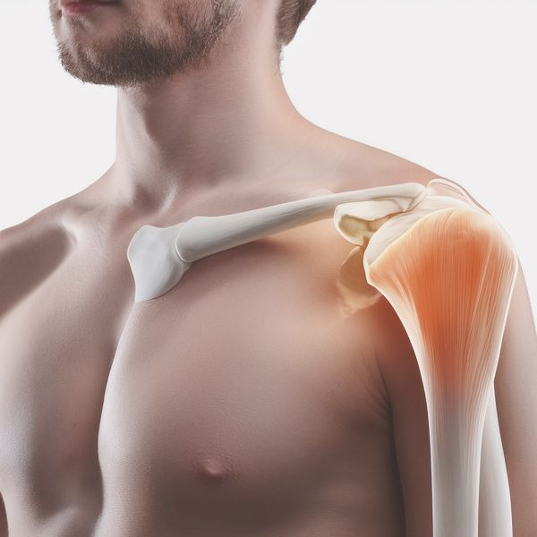 A man’s upper body with a transparent overlay highlights the bones and muscles of his shoulder and upper arm. A man’s upper body with a transparent overlay highlights the bones and muscles of his shoulder and upper arm